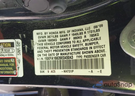 2009 Honda Civic Lx-S z USA, uszkodzony, nr VIN 19XFA16639E045043